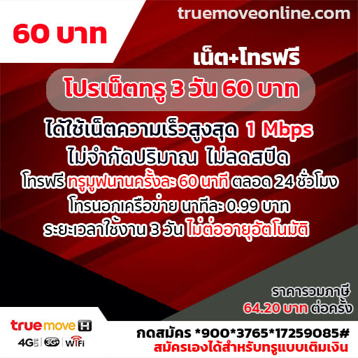 โปรเน็ตทรูยอดฮิต 3 วัน 60 บาท