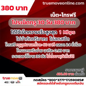 เน็ตเร็ว 1 Mbps โปรเน็ตทรู 30 วัน 380 บาท สมัครเองได้เลย