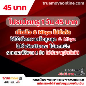 เน็ตทรู 1 วัน ราคา 45 บาท สมัครเองได้ง่ายๆ เน็ตไม่ลดสปีด