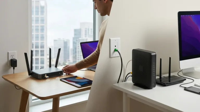 การตั้งค่า Router ใส่ซิมแทนเน็ตบ้านสีขาวบนโต๊ะทำงานไม้ริมหน้าต่าง พร้อมแล็ปท็อปและแสงแดดอ่อนๆ