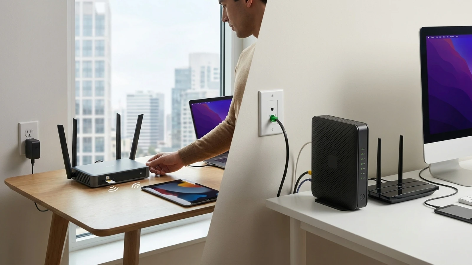 การตั้งค่า Router ใส่ซิมแทนเน็ตบ้านสีขาวบนโต๊ะทำงานไม้ริมหน้าต่าง พร้อมแล็ปท็อปและแสงแดดอ่อนๆ
