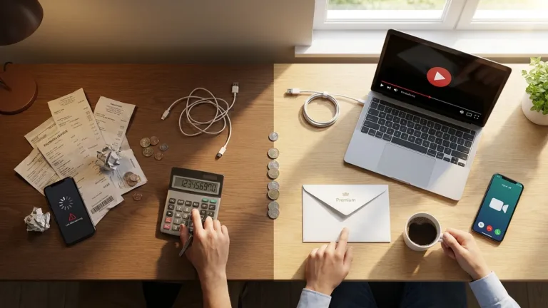 หน้าจอสมาร์ทโฟนแสดงวิธีกดรหัสสมัครโปรเน็ตทรูรายปี วางอยู่บนโต๊ะทำงานไม้ข้างแก้วกาแฟและสมุดโน้ตในบรรยากาศแสงธรรมชาติ