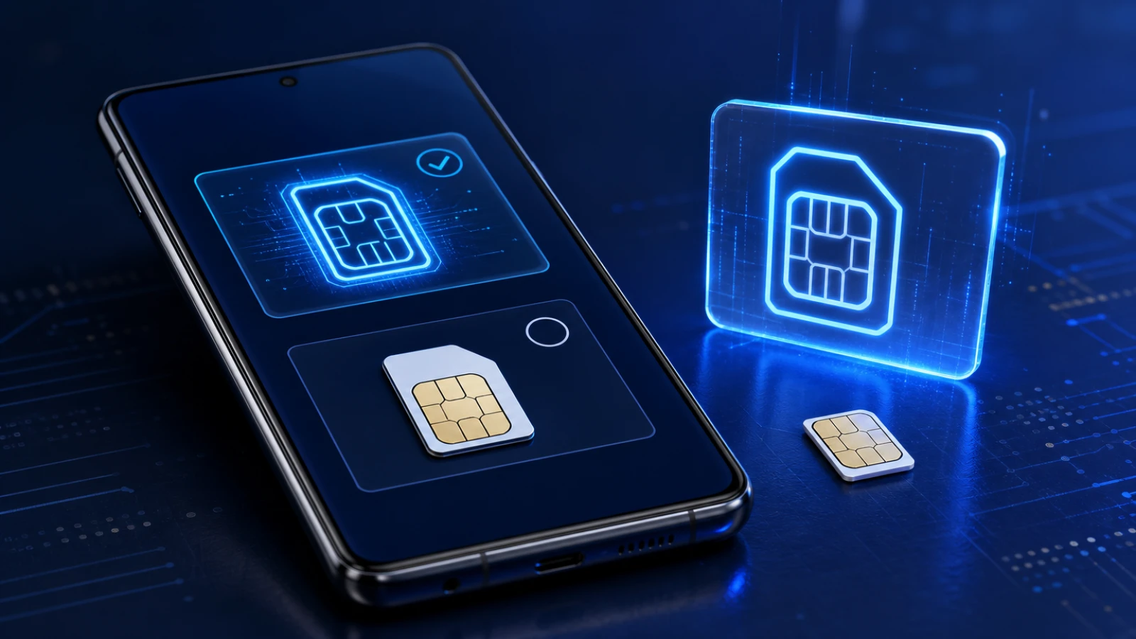 สมาร์ตโฟน Samsung วางบนพื้นผิวไฮเทค แสดงกราฟิกการเชื่อมต่อ eSIM และซิมการ์ด