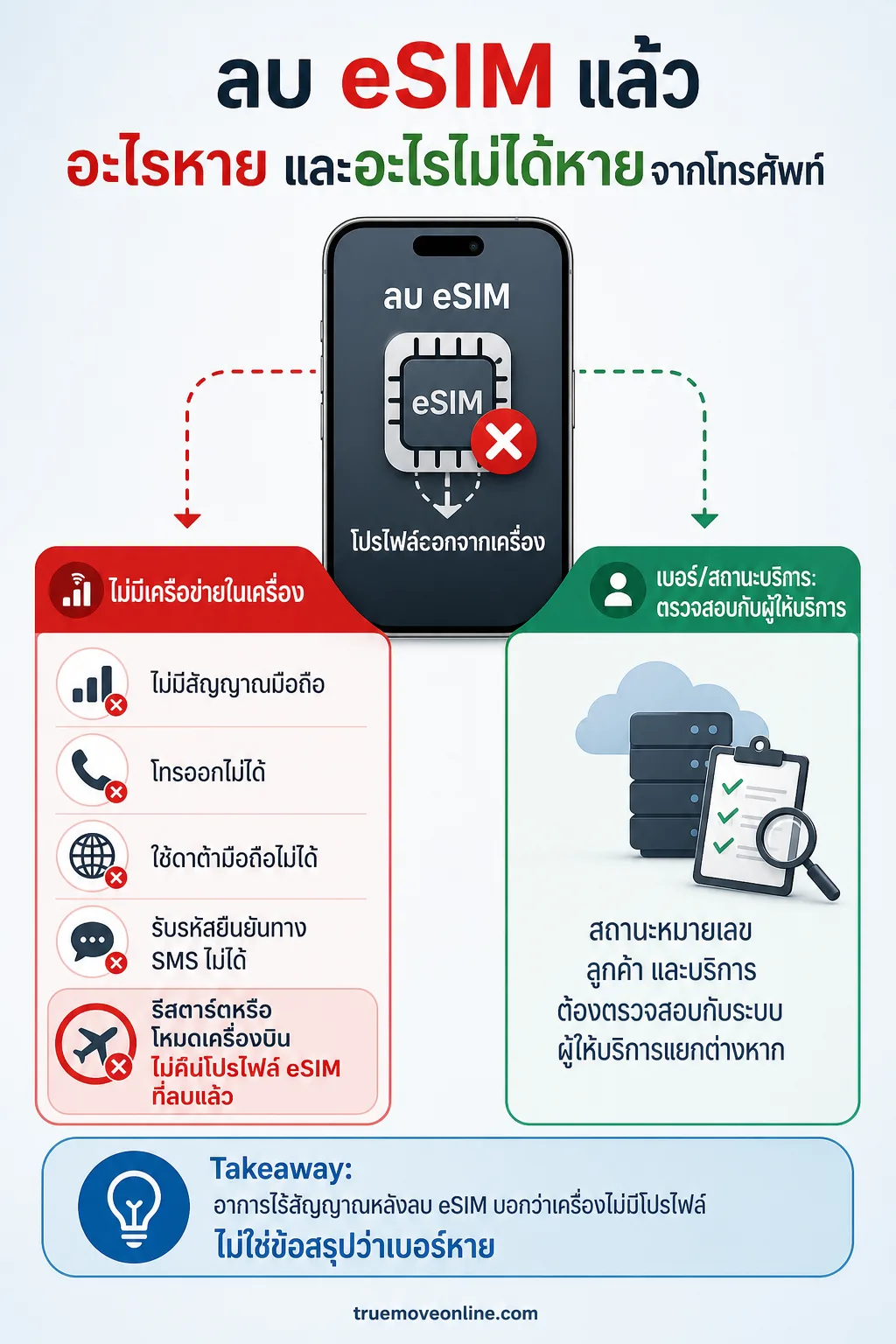 อินโฟกราฟิก ลบ eSIM ทรู แสดง ลบ eSIM แล้วอะไรหาย และอะไรไม่ได้หายจากโทรศัพท์ โทรศัพท์กลางภาพ แยกเส้นผลลัพธ์ 2 ฝั่ง:
