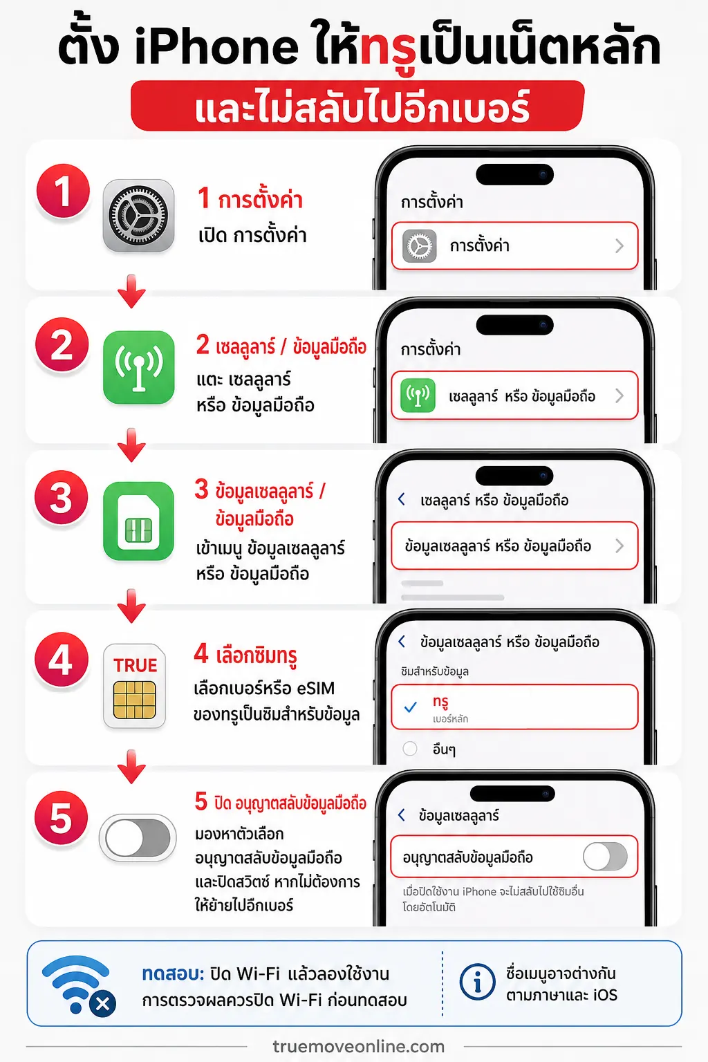 อินโฟกราฟิก อนุญาตสลับข้อมูลมือถือ แสดง ตั้ง iPhone ให้ทรูเป็นเน็ตหลักและไม่สลับไปอีกเบอร์ ลำดับ 5 ขั้นแนวตั้งบนกรอบหน้าจอ