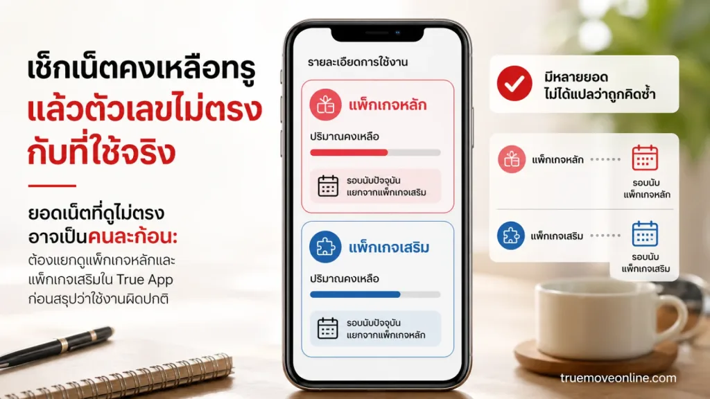 เช็กเน็ตคงเหลือทรู แสดง สมาร์ตโฟนหนึ่งเครื่องในบริบทการตรวจยอดการใช้งาน