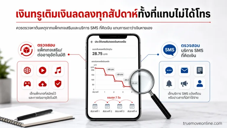 เนื้อหาเรื่อง เงินทรูเติมเงินลดลงทุกสัปดาห์ทั้งที่แทบไม่ได้โทร บริการเสริมกำลังหักเงินอยู่หรือไม่ โดยเน้น เงินทรูหาย